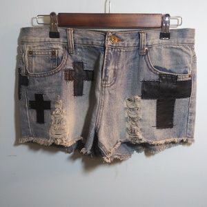 Faux Leather Black Cross Denim Shorts